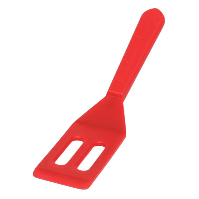 Red silicone baking spatula with slotted head for precise brownie serving in kitchen utensils and cookware collections