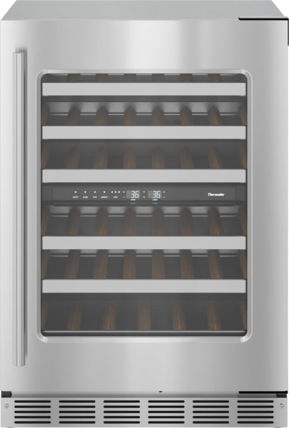 Under-counter stainless steel wine cooler with glass door, wooden shelves, and digital temperature controls from Thermador collection