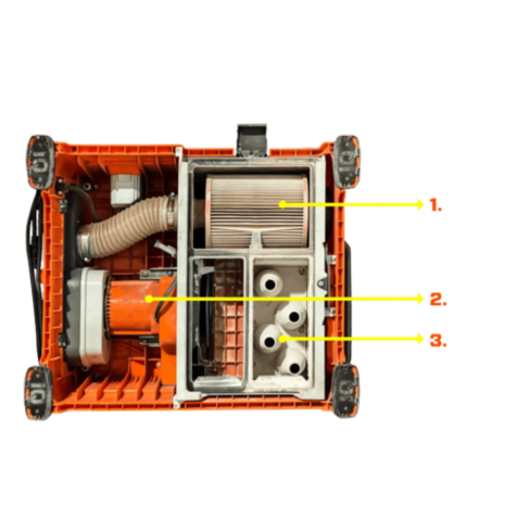 Top view of orange iQ Power Tools dry cut tile saw showing dust collection system and internal components for power tool accessories.