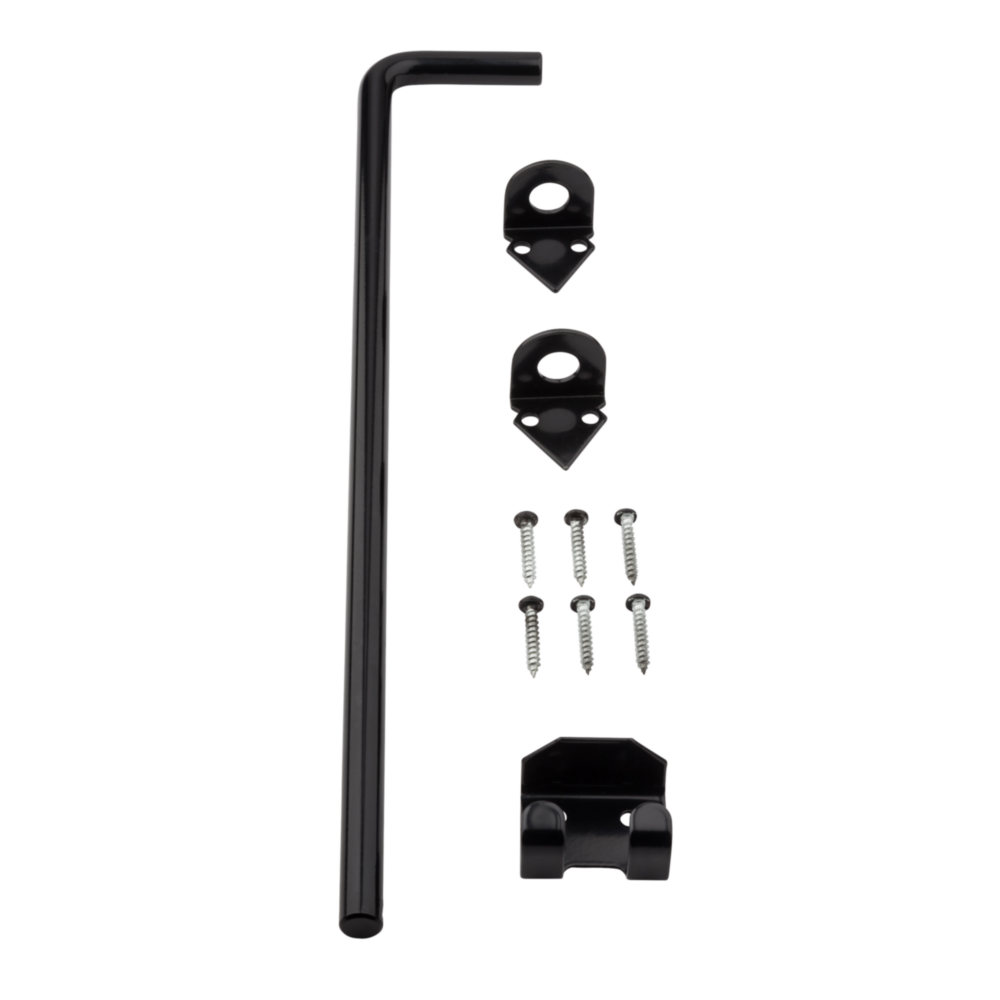 Black adjustable throw cane bolt with mounting brackets and screws for door and gate hardware and home improvement.