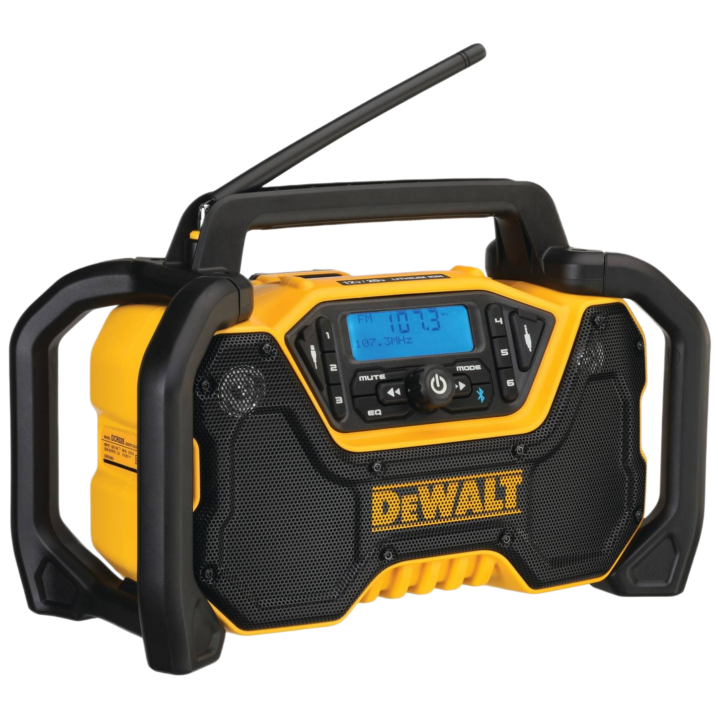 Yellow and black Bluetooth cordless jobsite radio with digital display and protective frame for tools and home improvement
