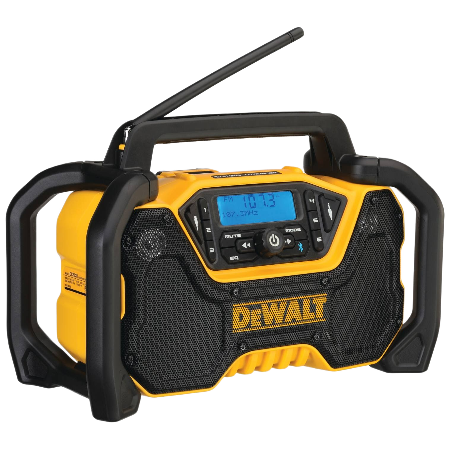 Yellow and black Bluetooth cordless jobsite radio with digital display and protective frame for tools and home improvement