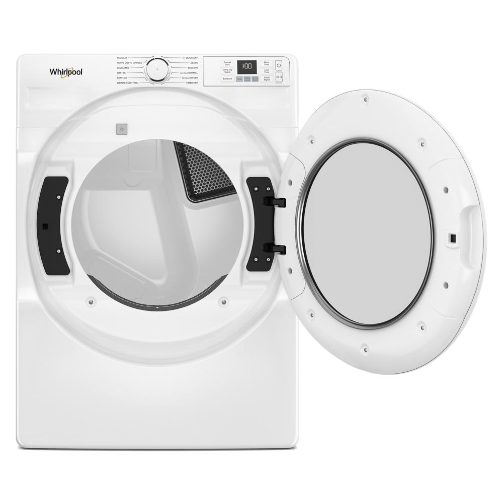 White front load electric dryer with open circular door and digital control panel for home appliances use