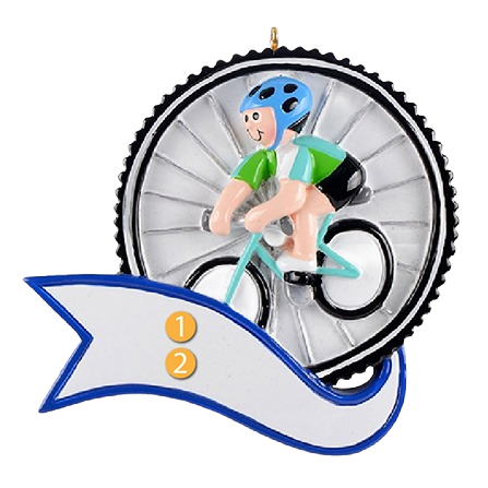 Boy in blue helmet riding bicycle inside tire frame with blank blue-bordered banner in Christmas Ornaments & Tree Decorations collection
