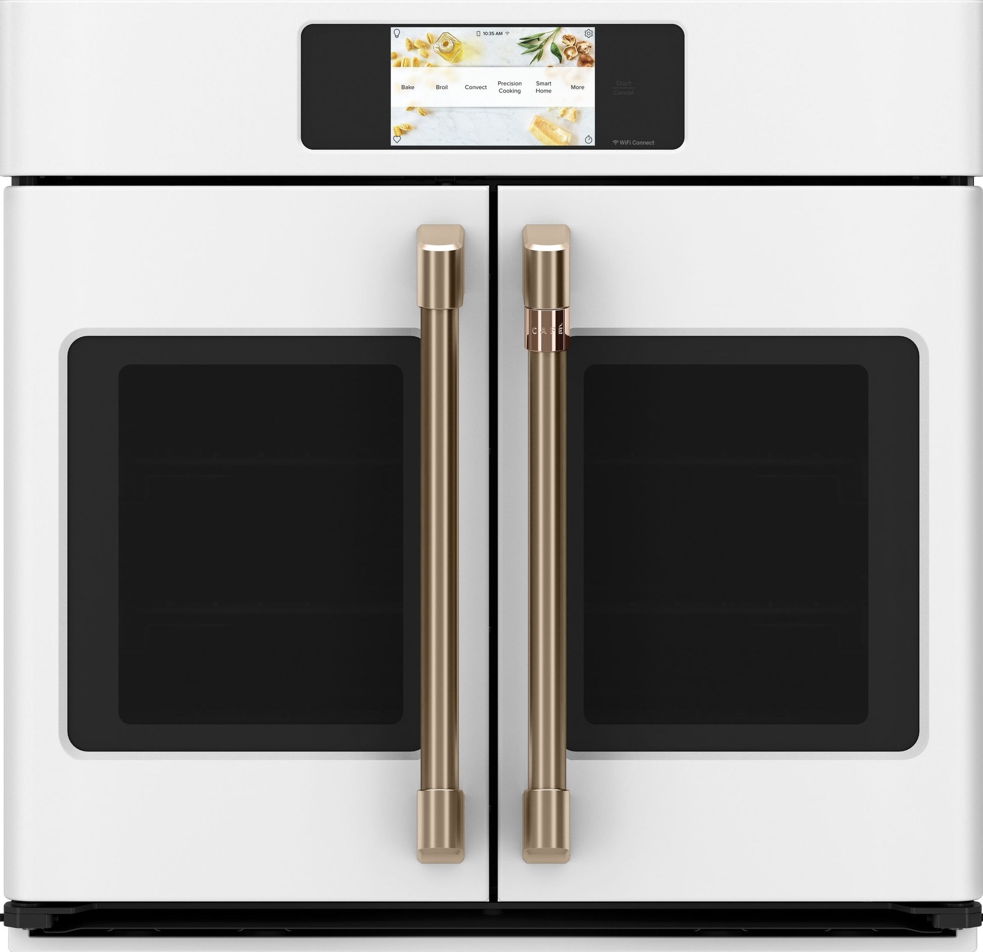 White smart built-in dual-door wall oven with touchscreen control and bronze metal handles in modern kitchen setting