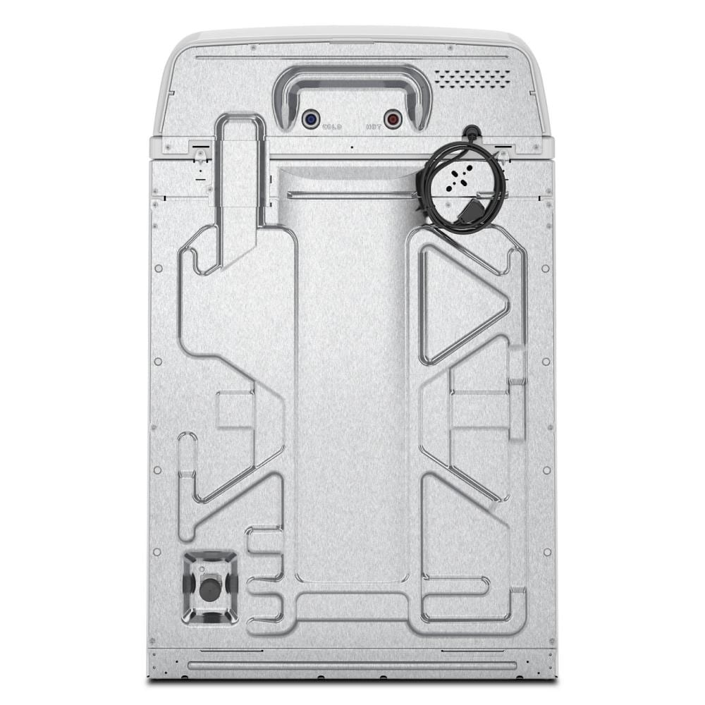 Rear view of metal panel with hot and cold water inlets and attached power cord of top load washer in appliances collection