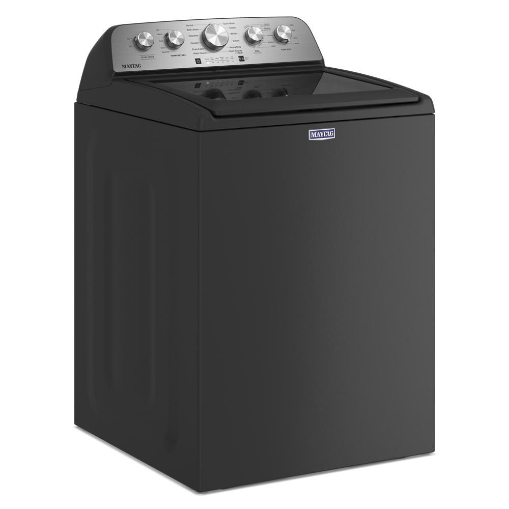 Angled view of black top load washer with stainless steel control panel and five knobs in Washers & Dryers collection