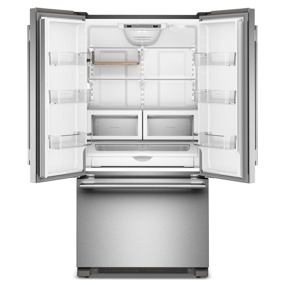 Open stainless steel French door refrigerator with empty interior and bottom freezer drawer from KitchenAid appliances collection