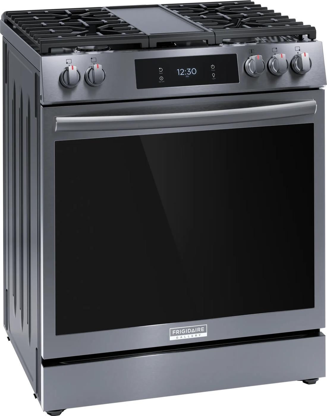 Stainless steel gas range with front controls, digital display, six burners, and convection oven for kitchen appliances