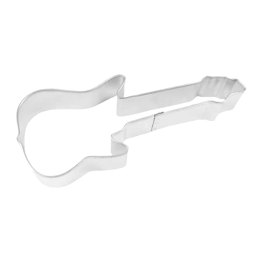 Metal cookie cutter shaped like an electric guitar, designed for baking and creative kitchen projects