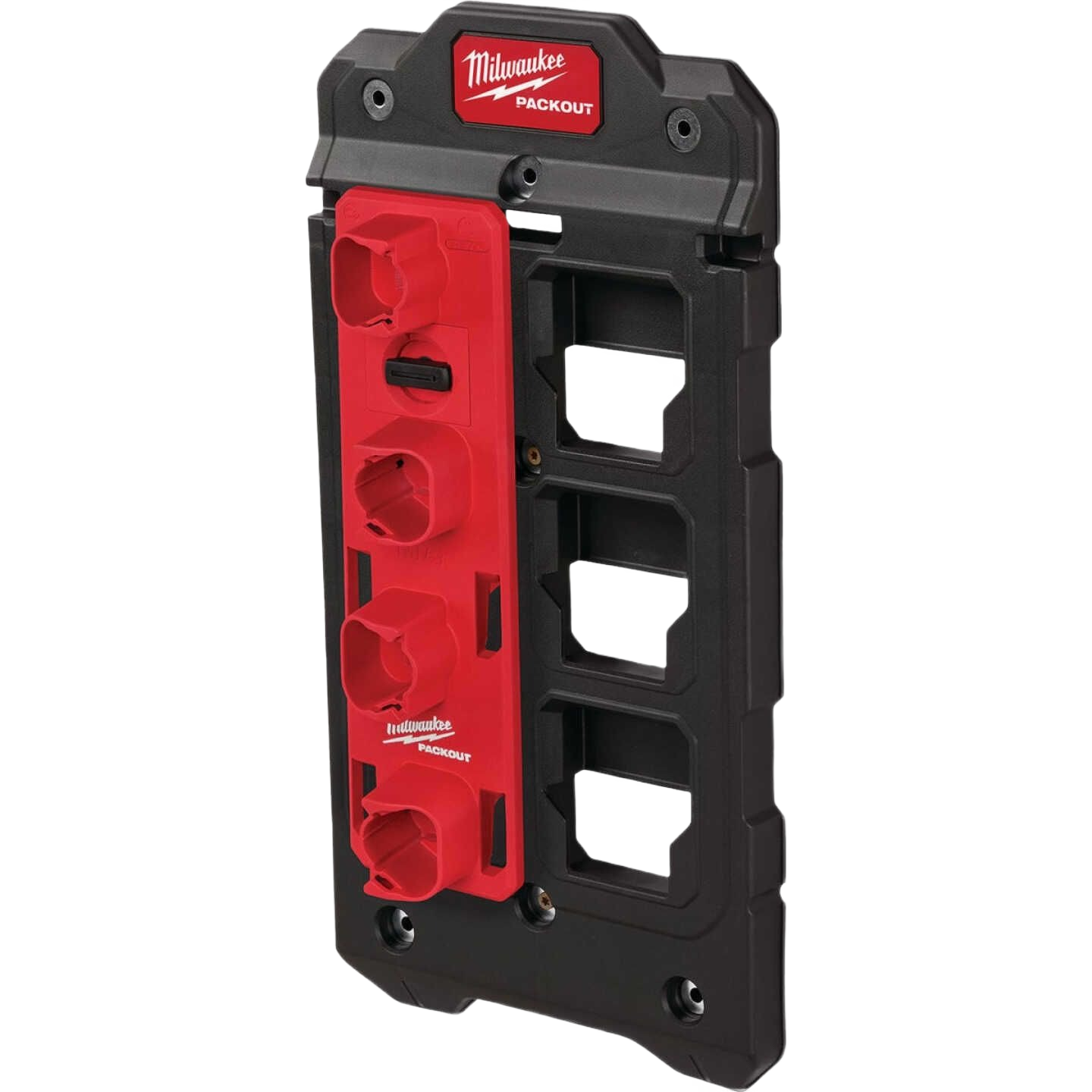 Compact modular rack for organizing and securely mounting M12 batteries in workshop and garage storage settings