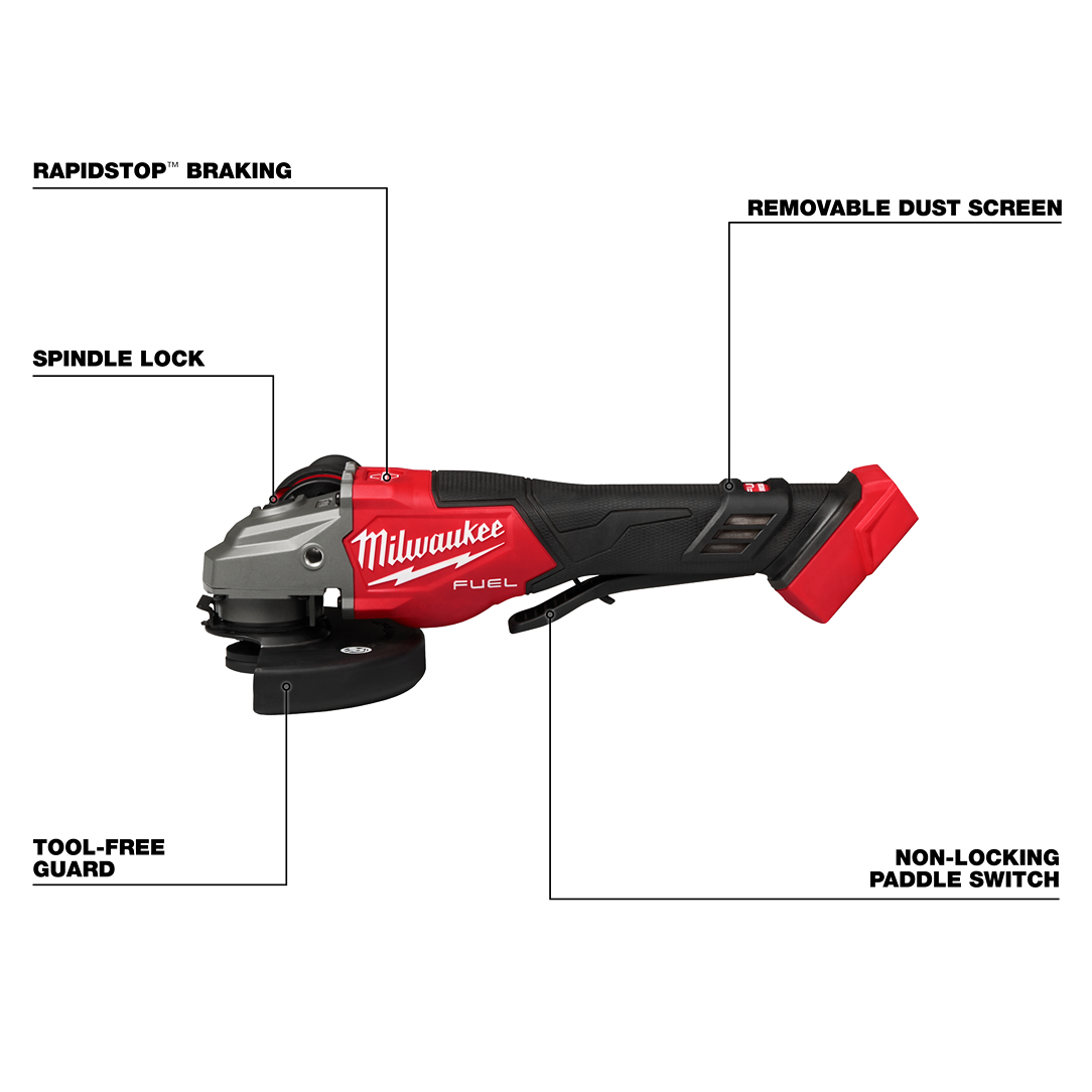 Milwaukee cordless braking grinder with paddle switch, tool-free guard, dust screen, and spindle lock for home improvement tasks