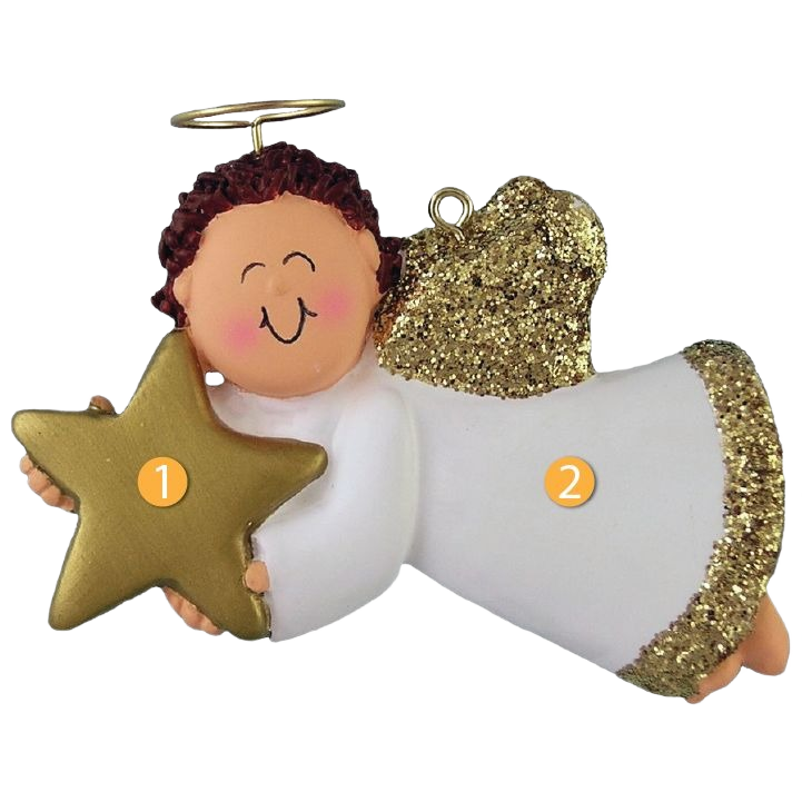 Brunette male angel ornament holding gold star with glitter wings for Christmas tree decoration under 50 collection