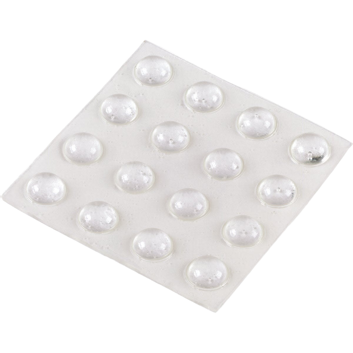 Clear round self-adhesive bumper pads arranged in a 16-pack sheet for home improvement and tools use