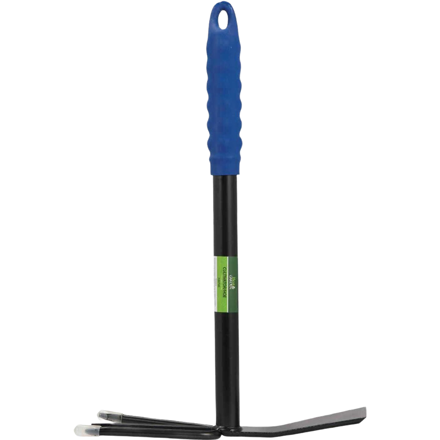 Hand cultivator with black metal tines and textured blue grip handle designed for gardening and home improvement tasks
