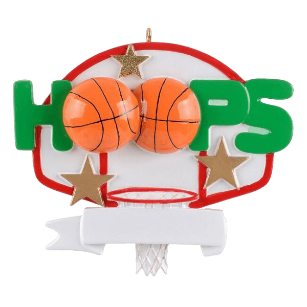 Christmas basketball ornament with green lettering, two orange basketballs, and golden stars for tree decoration under $50
