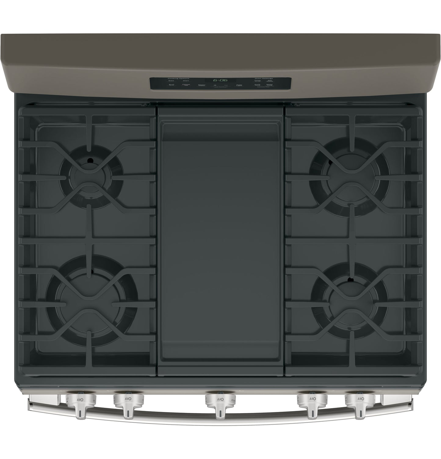 Top view of a five-burner free-standing gas range with cast iron grates for kitchen and home appliances.