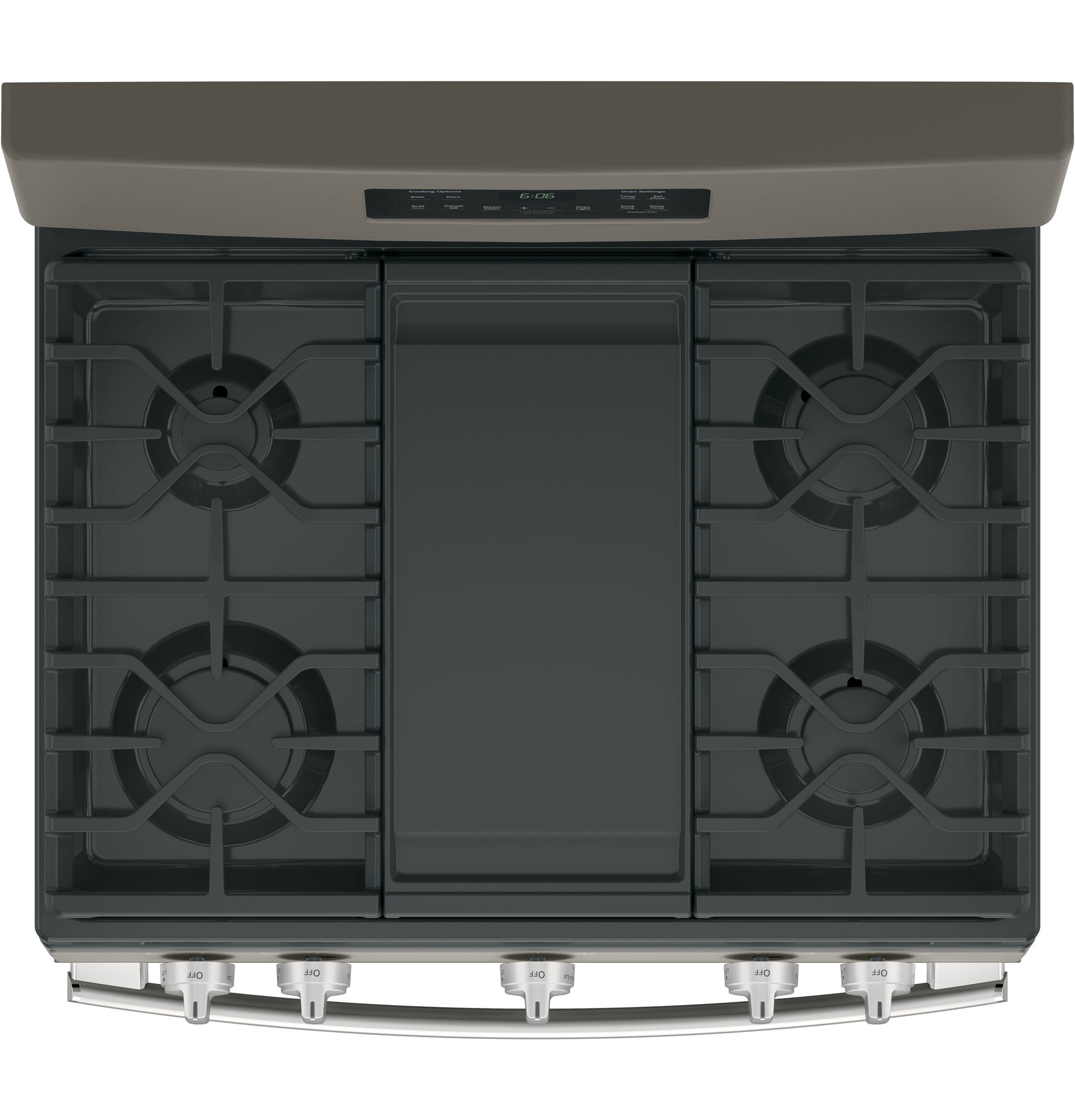 Top view of a five-burner free-standing gas range with cast iron grates for kitchen and home appliances.
