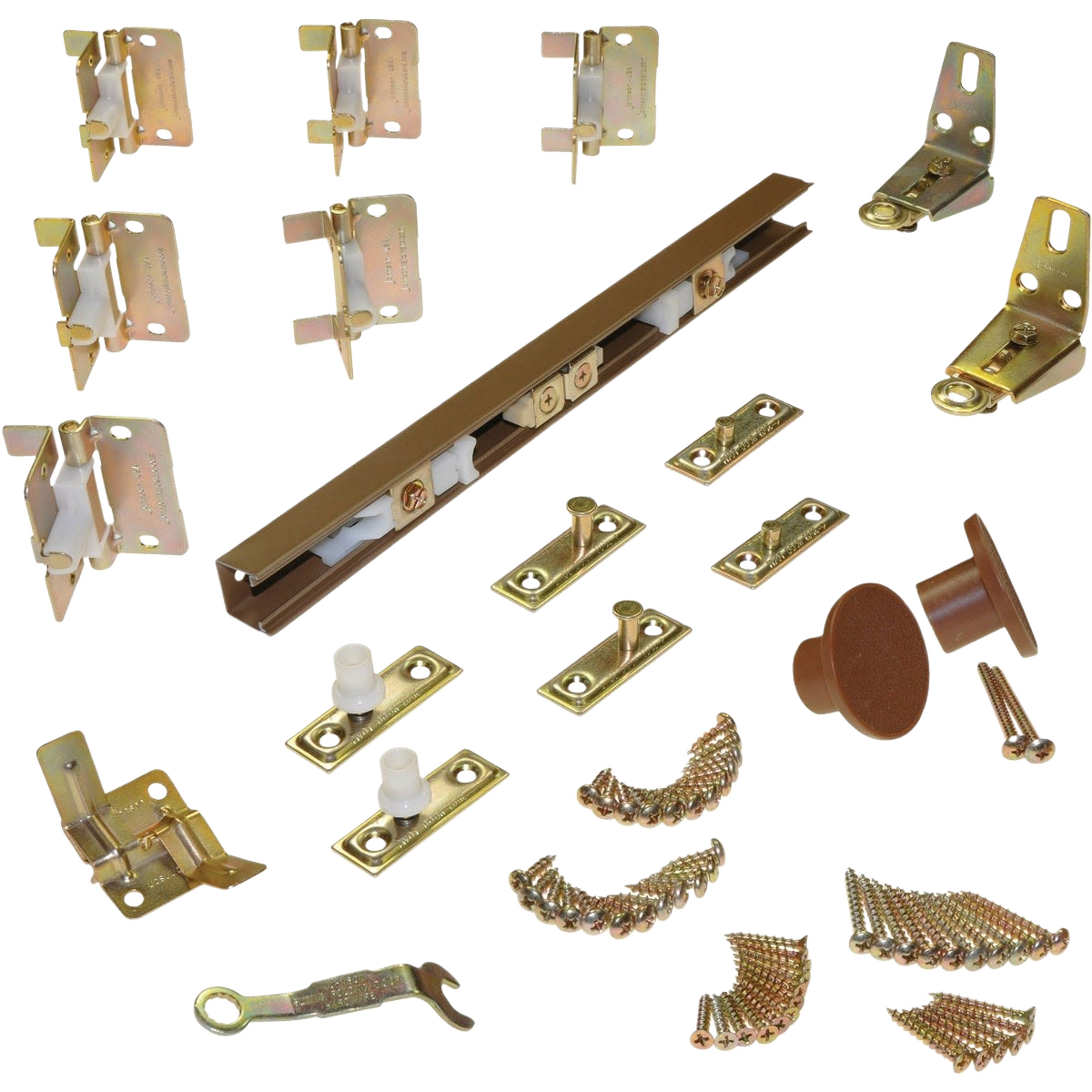 Set of brass-toned folding door hardware components including brackets, rollers, and mounting plates for home improvement projects