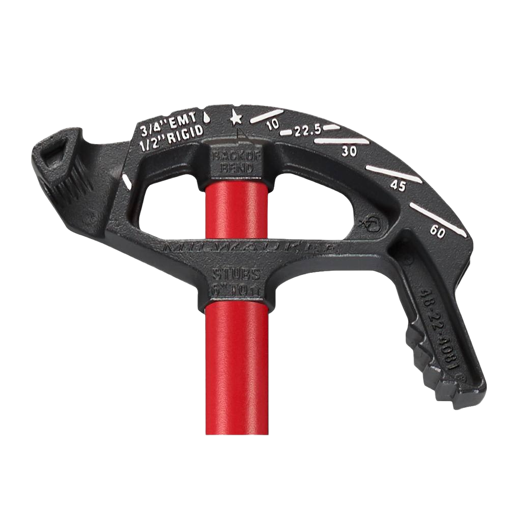 Black iron conduit bender with red handle and angle guide markings for precise bends in electrical hand tools collection