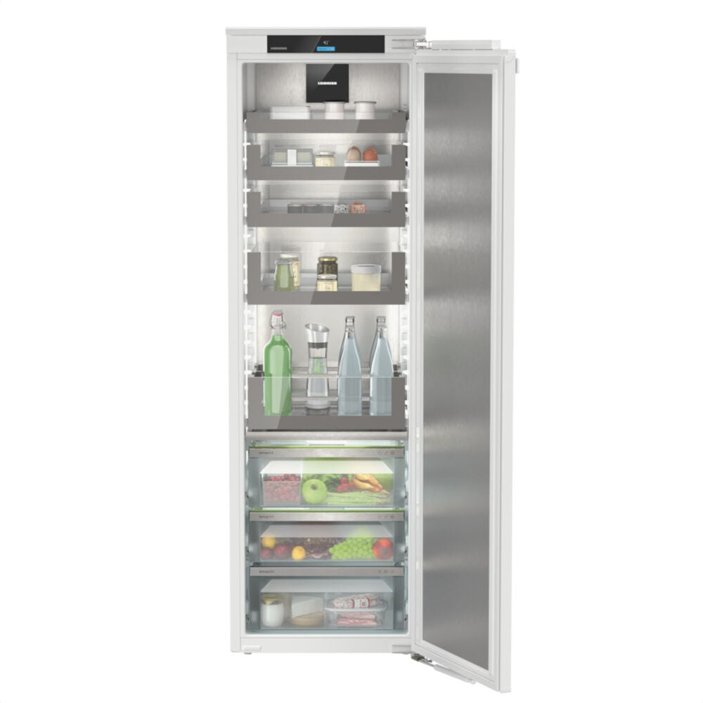 Built-in 24-inch refrigerator with BioFresh drawers, adjustable glass shelves, and LED display in kitchen appliances collection