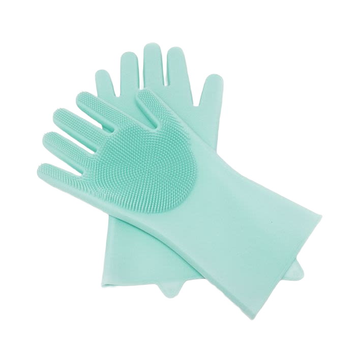 Light blue silicone cleaning gloves with textured palms for kitchenware and cleaning tasks under $50.