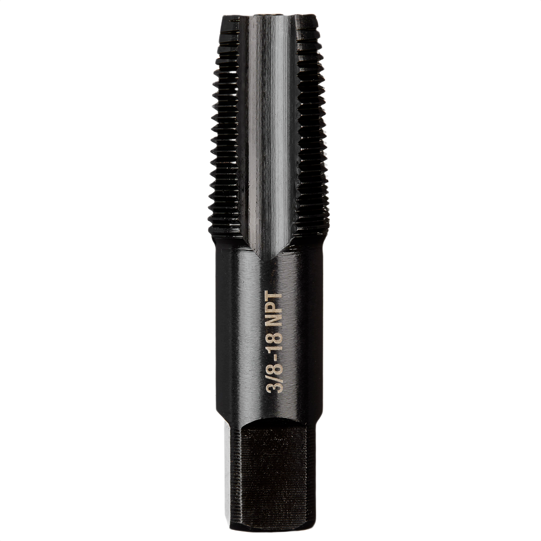 Black steel straight flute plug tap with laser-etched sizing for threading in tool accessories and home improvement collections