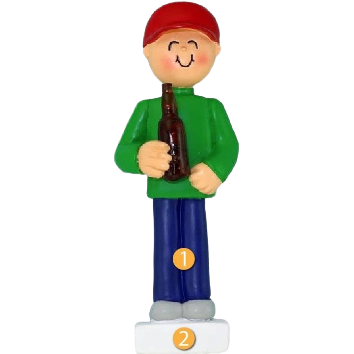 Figurine ornament of a smiling man in green shirt and red hat holding a beer bottle for Christmas decor collection
