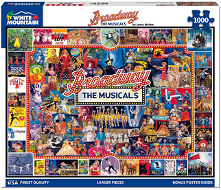 Colorful Broadway-themed 1000-piece puzzle featuring musical scenes and iconic theater imagery in vibrant collage style