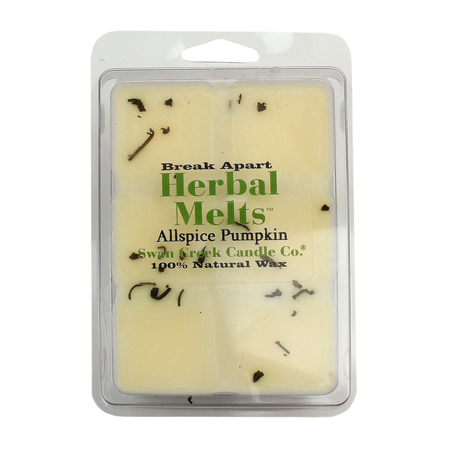 Six-pack of natural wax herbal melts with allspice pumpkin scent and dried herb accents in clear plastic clamshell packaging