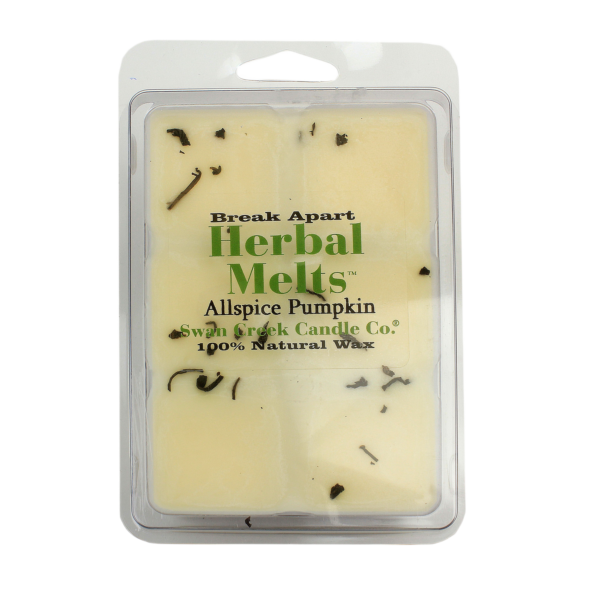Six-pack of natural wax herbal melts with allspice pumpkin scent and dried herb accents in clear plastic clamshell packaging