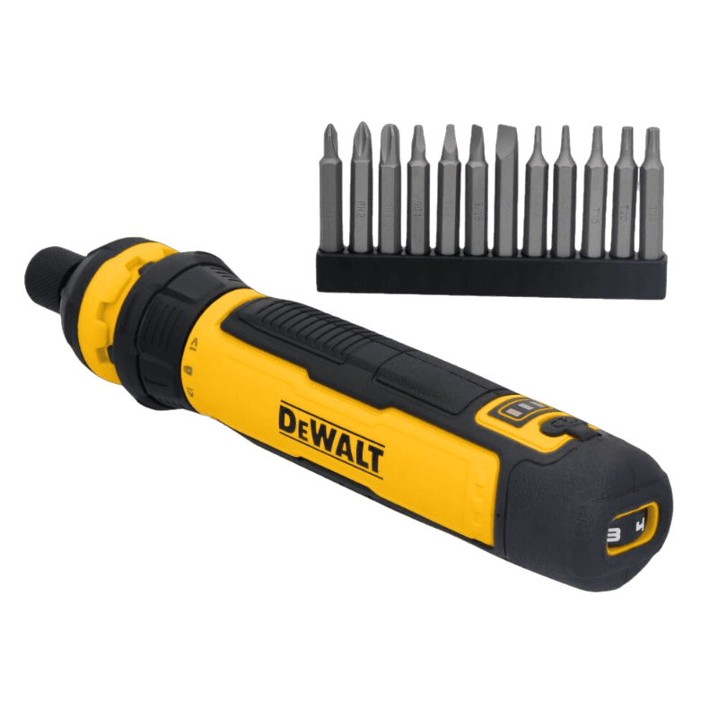 Compact DEWALT cordless screwdriver with black and yellow grip and 14-piece precision bit set for fastening tasks