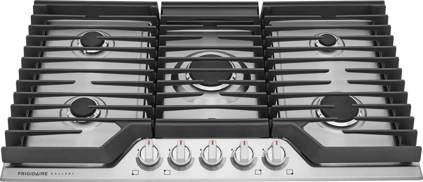 36-inch stainless steel gas cooktop with five burners, cast iron grates, and front control knobs in kitchen appliances collection