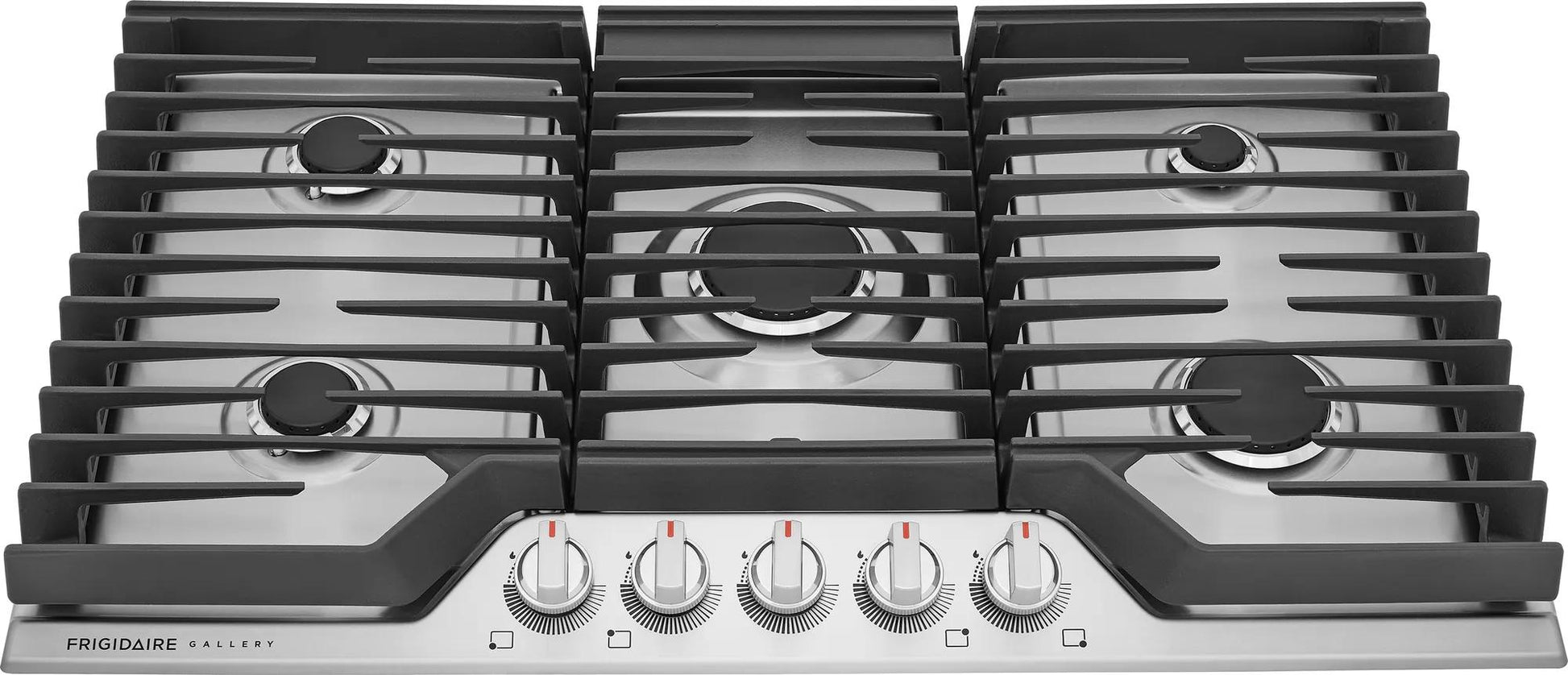 36-inch stainless steel gas cooktop with five burners, cast iron grates, and front control knobs in kitchen appliances collection
