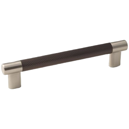 Modern cabinet pull with satin nickel ends and textured oil rubbed bronze center for furniture hardware collections