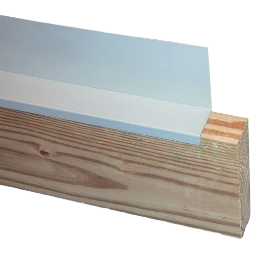 Gray plastic deck ledger cap flashing installed on wood for weatherproofing in home improvement projects
