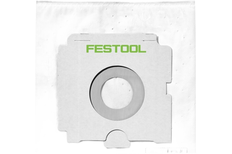 White self-cleaning replacement filter bag with green logo for Festool dust extraction systems in home improvement tasks