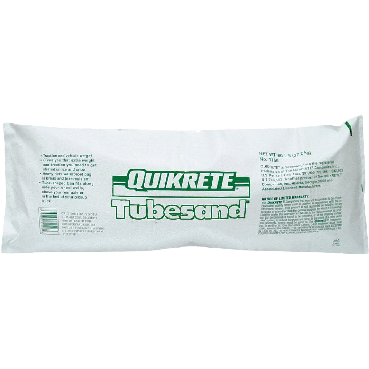 60 lb. Quikrete tube sand bag designed for added traction and vehicle weight in winter driving, lawn and garden use