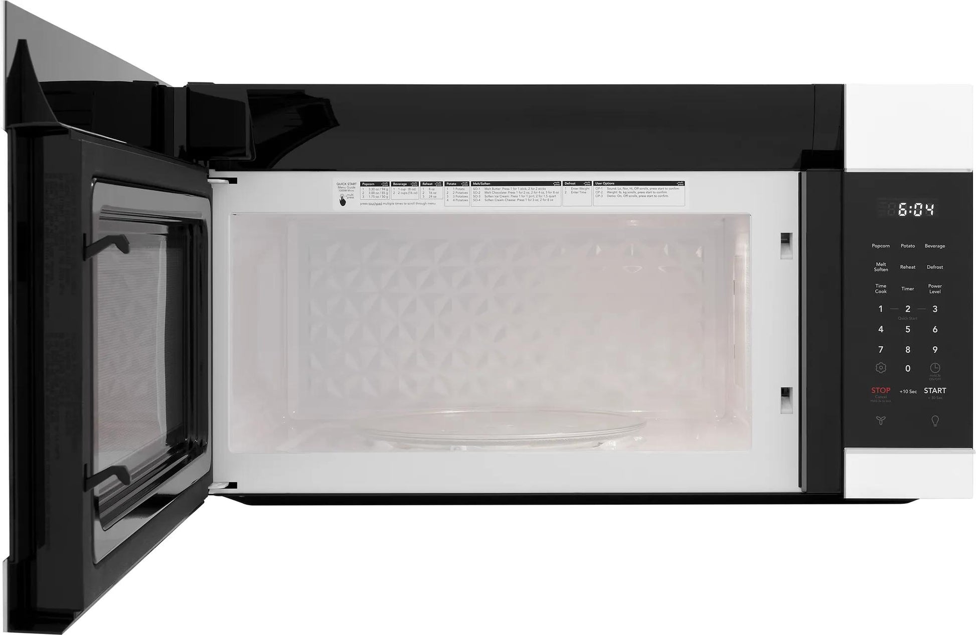 Open black and white over-the-range microwave with digital control panel from Microwaves collection at Hartville Hardware