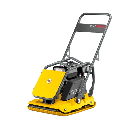 Compact yellow and black vibration plate compactor with durable steel frame and handle, designed for soil compaction in rental concrete tools at Hartville Hardware.