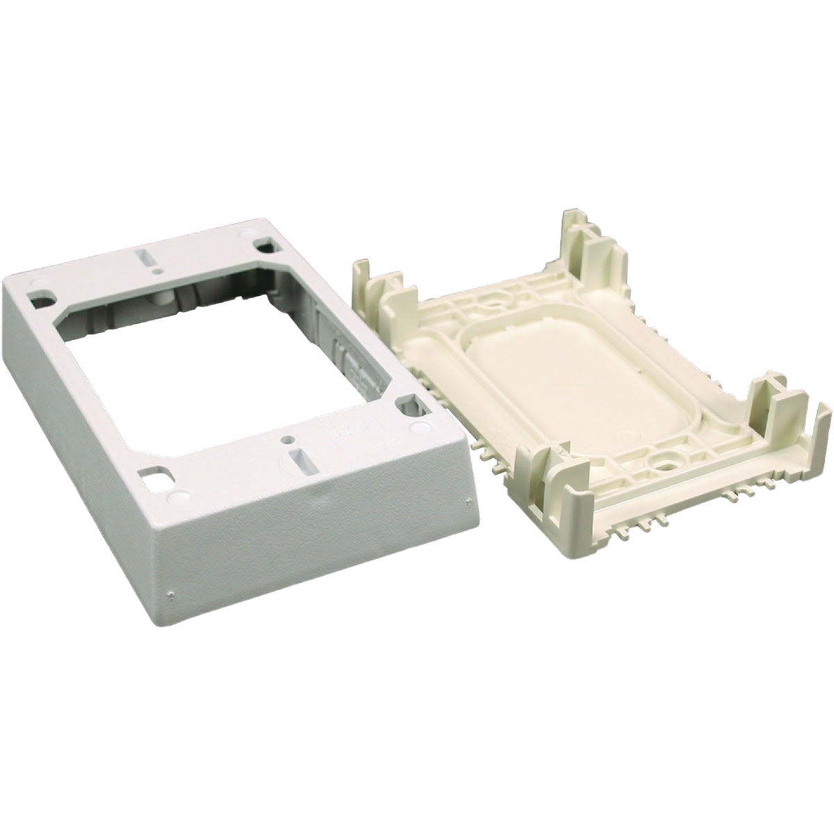 White plastic extra deep outlet box with mounting frame for electrical and home improvement applications