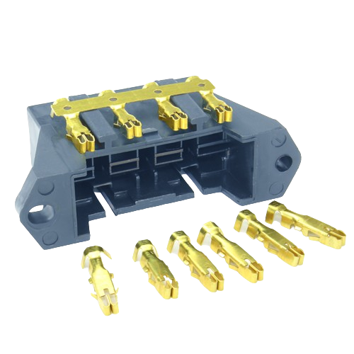 Electrical connector housing with gold-plated terminals and separate crimp pins for secure home improvement connections