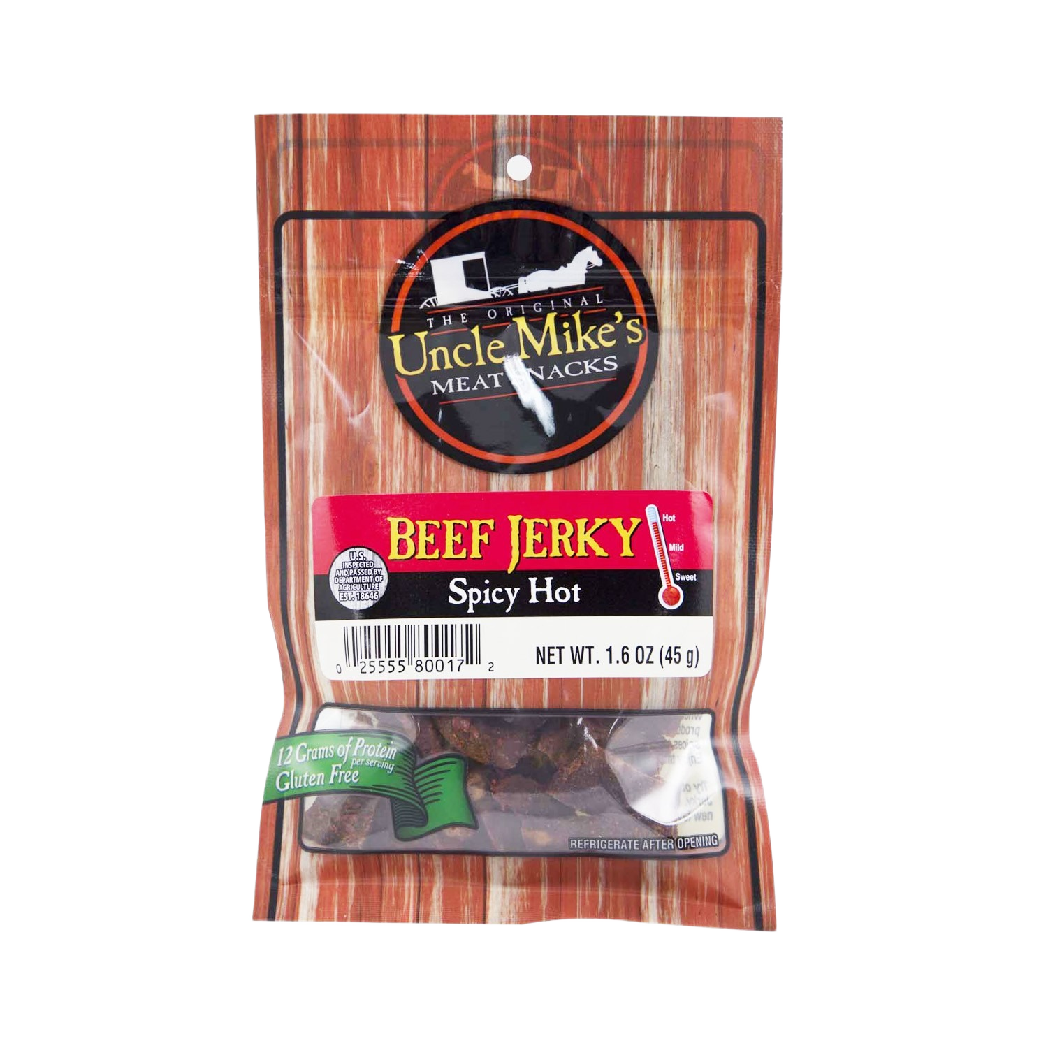 Package of spicy hot beef jerky with gluten-free label from Chips & Snacks and Food & Beverage collections