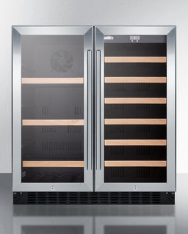 Dual-door built-in wine and beverage center with stainless steel frame and wooden shelves in kitchen appliances collection