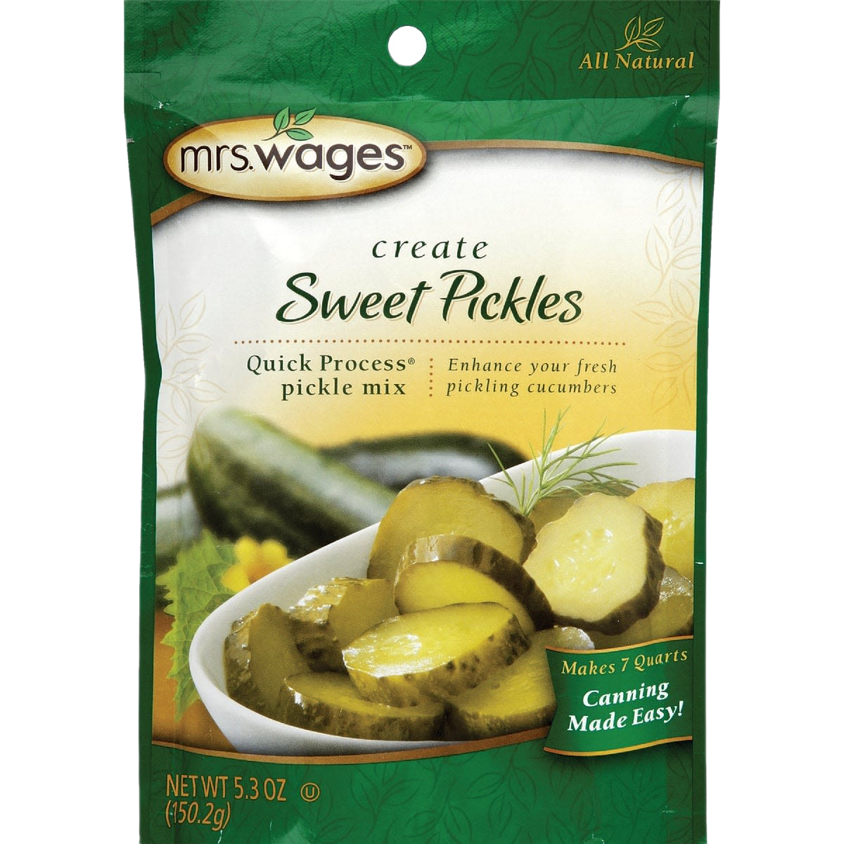 Packet of Mrs. Wages sweet pickling mix for quick pickles with natural ingredients and easy canning instructions