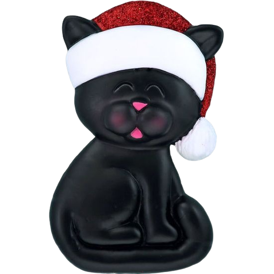 Black cat figurine with pink nose and cheeks wearing glittery red Santa hat, festive Christmas decoration under $50
