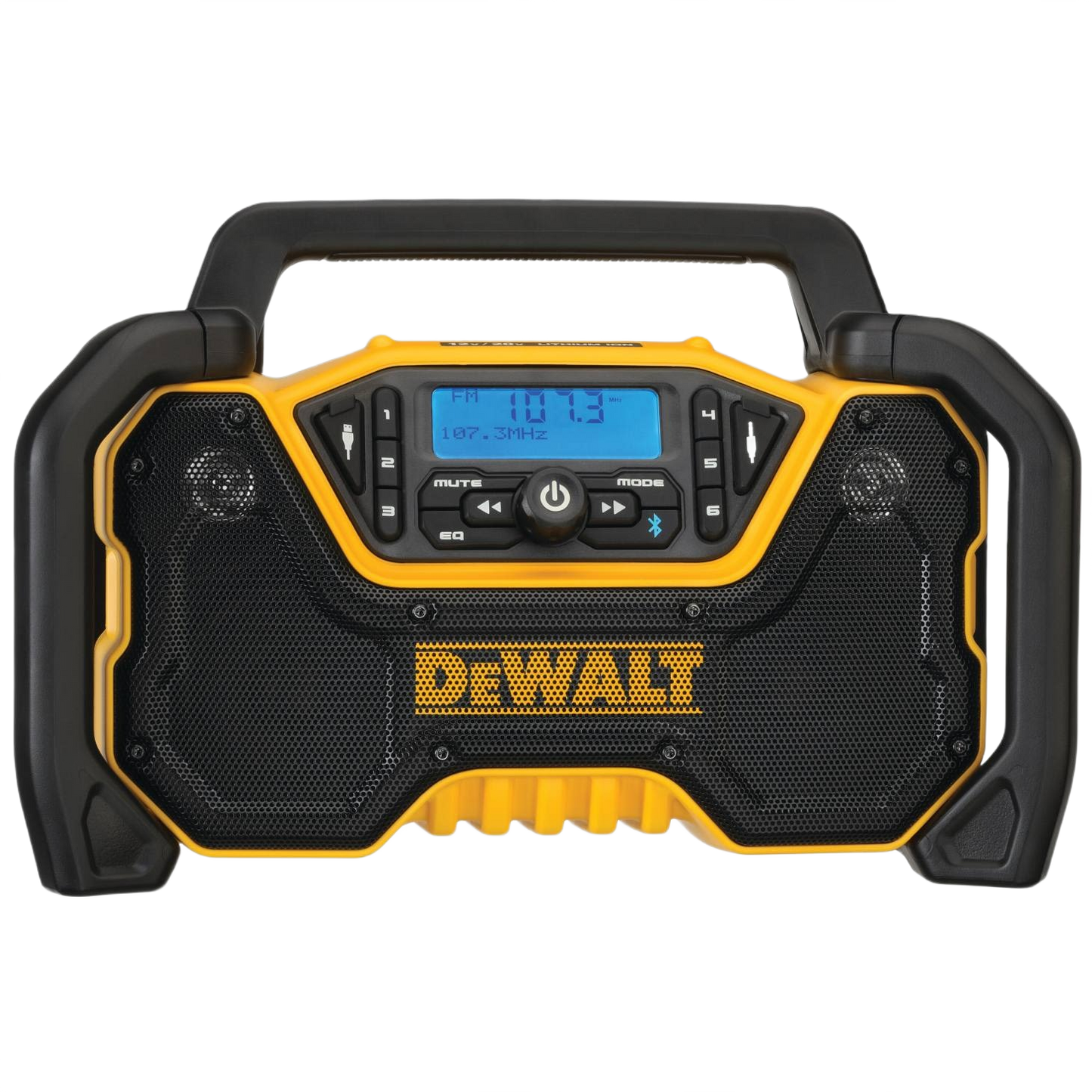 Portable yellow and black DEWALT jobsite radio with Bluetooth, digital display, and rugged protective housing for tools and home use