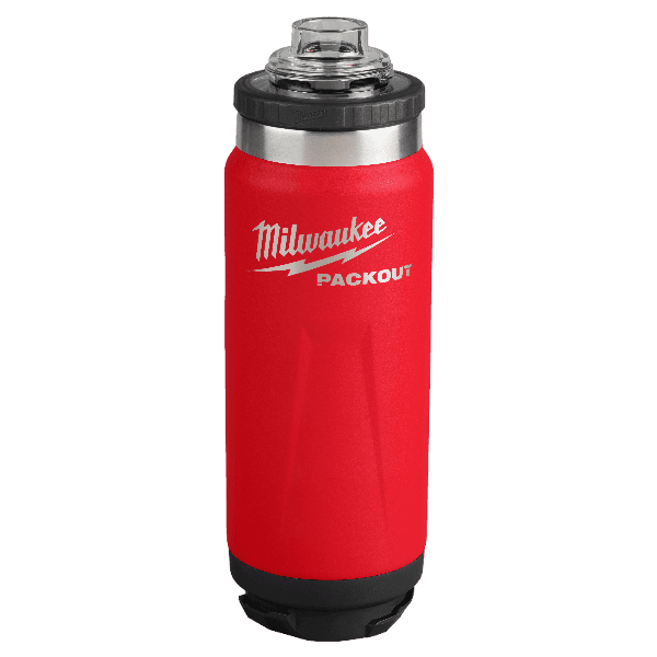 Red insulated Milwaukee bottle with black chug lid and PACKOUT™ compatibility for tool accessories and home improvement