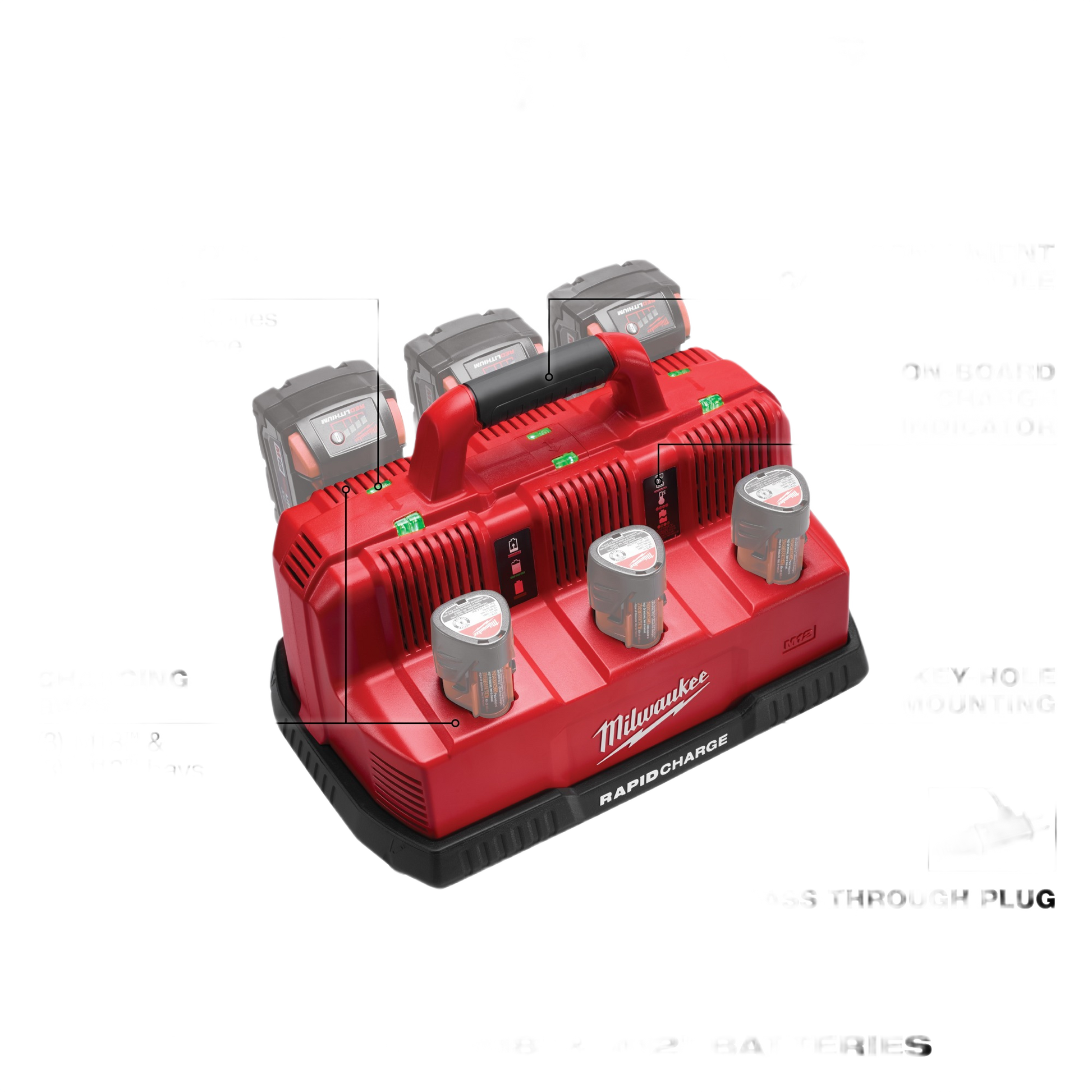 Red Milwaukee dual-bay charging station for multiple tool batteries with carry handle in power tool accessories collection
