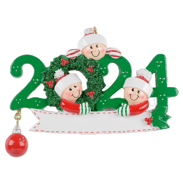 Festive green and red 2024 Christmas ornament with three smiling faces inside a glittery wreath for holiday decor under 50 collection